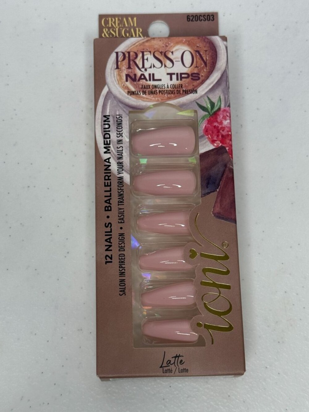 Ioni Cream & Sugar Press On Nails Latte Pink Ballerina Medium 12 Count Coquette